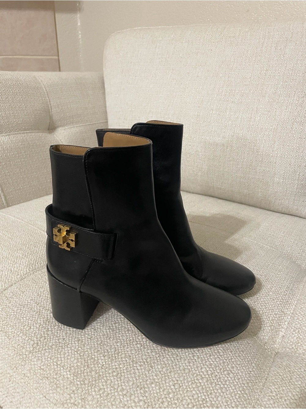 Tory Burch Black Leather Ankle Booties with Gold Emblem